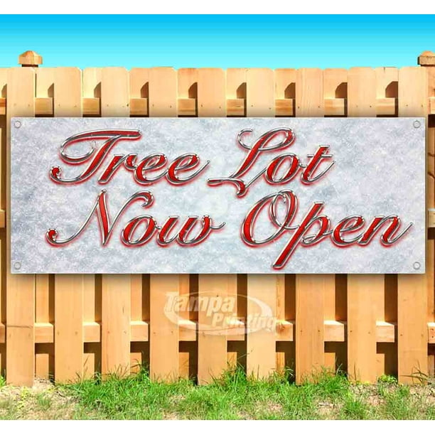 Tree Lot Now Open Red & Chrome 13 oz Banner Heavy-Duty Vinyl Single-Sided with Metal Grommets Tree Lot Now Open Red & Chrome 13 oz Banner Heavy-Duty Vinyl Single-Sided with Metal Grommets